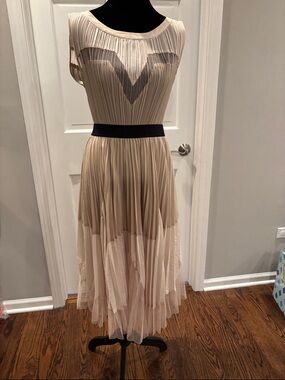 BCBGMaxAzria Cream Midi Pleated Dress with Black Waistband